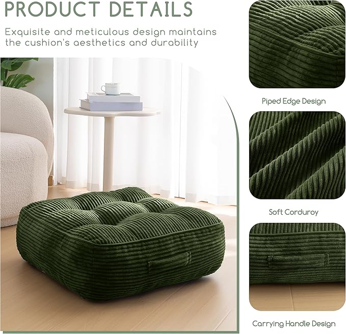 8" Washable Floor Pillow Cushion for Adults, Meditation Cushion Pillow, Large Square Floor Sitting, Removable Tufted Corduroy Cover, for Tatami Living Room or Yoga, 22x22 Inch, 2Pack, Machine Washable - Bloomnest