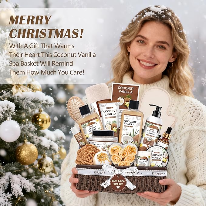 Christmas Gifts For Women - 16 PCS Birthday Gift Basket for Women Set of Coconut Vanilla Self Pampering Set, Includes Luxurious Home Spa Shower Gel Bubble Bath - Bloomnest