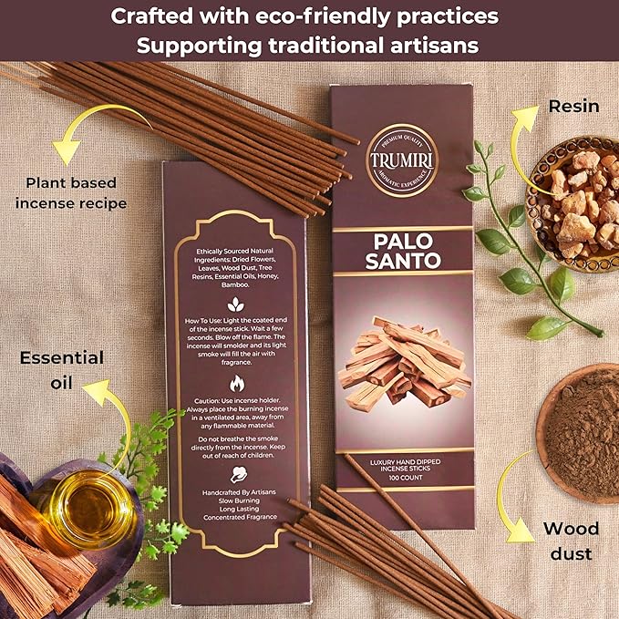 Palo Santo Incense Sticks - Pack of 100 Insence-Sticks for Removing Negative Energy - Made with Natural Incienso De Palo Santo - Scented Insense Spiritual Non Toxic Inscents