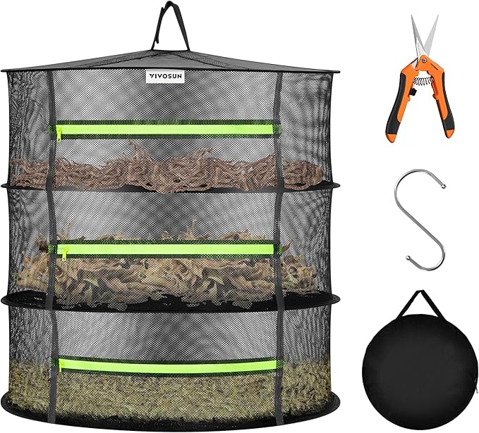 VIVOSUN 3-Layer Mesh Drying Rack Hanging Design with Green Zippers for Dehydrating, Indoor and Outdoor Pruning Shears Included - Bloomnest