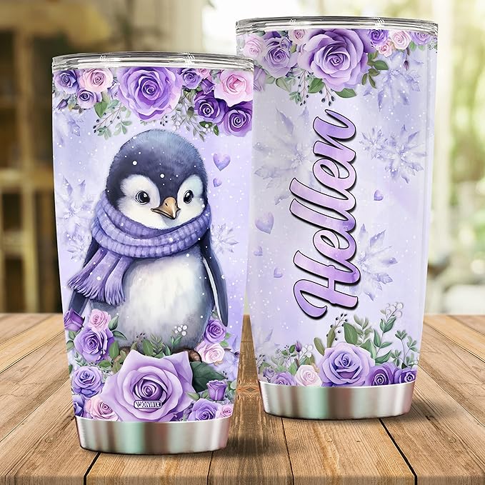 Personalized Penguin Tumbler Customized Name Penguins Water Bottles Gifts For Women Valentine Birthday Christmas Custom Glasses Mug Lover Gift 20oz Insulated Stainless Steel Coffee Cup With Lid - Bloomnest