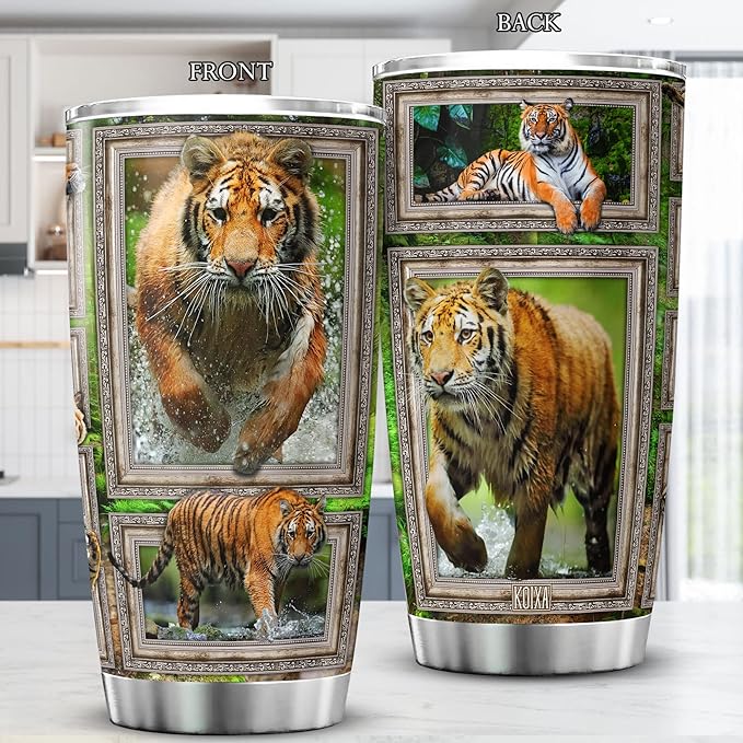 Tiger Print Tumbler Wildlife Animal Themed Gifts For Adults Stainless Steel Cup With Lid 20oz Cool Tigers Animals Insulated Travel Mug Tiger Stuff For Men Birthday Present - Bloomnest