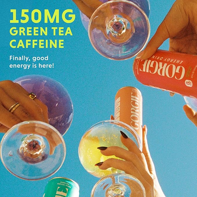 GORGIE Sugar Free Natural Energy Drinks, Peach (12 Pack) - Healthy Energy Drinks - Natural Coffee Replacement with Green Tea Caffeine and Biotin - 150mg Caffeine, Vegan, & Low Calorie - Bloomnest
