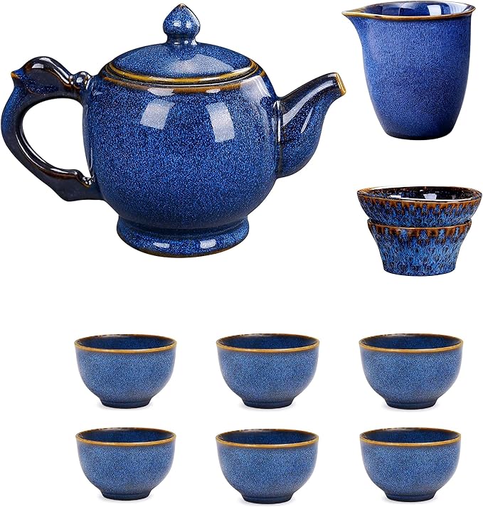 Chinese gongfu tea set porcelain,9-Piece Adult Tea Set,Afternoon Tea Pot Set, Blue Ceramic,Gift Boxed Set Perfect for Tea Lovers - Bloomnest