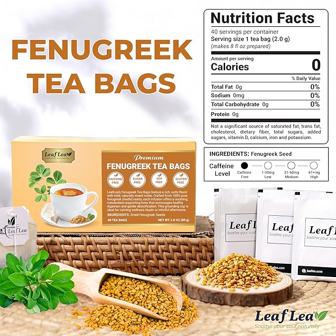 LeafLea 40 Natural Fenugreek Seed Tea Bags, 100% Pure from Fenugreek Seeds, Herbal Tea Infusion, Fenogreco Tea with Distinct Aroma and Smooth Flavor, Caffeine-Free, Individually Wrapped for Freshness - Bloomnest