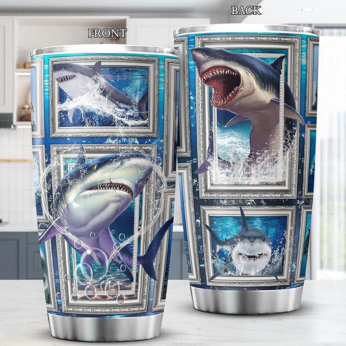 Shark Tumbler Cup With Lid Blue Ocean Themed Coffee Mugs For Women Sharks Underwater Sea Animal Print Tumblers Stainless Steel 20 Oz Holiday Christmas Gift Cool Shark Things - Bloomnest