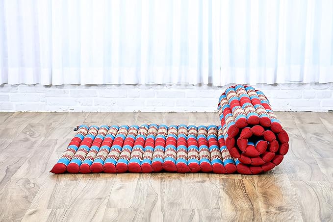 Leewadee - Kapok Roll Mat – Handcrafted Folding Sleep & Relaxation Mattress from Thailand, Ideal as Guest Bed, Camping Mat, Yoga Mat or Traditional Futon, 75 x 39 inches, Blue Red - Bloomnest