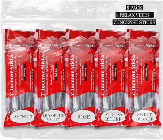 Relax Vibes 7'' Incense Sticks - Variety Set 500 Pack - 7 inch - 5 Bundles 100 Sticks Per Fragrance Scent. Set Features Lavender, Lily of The Valley, Rose, Stress Relief, Sweet Orange AromaDepotInc