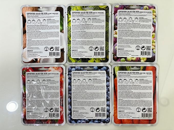 FARMSKIN Superfood Salad Sheet Mask Set of 6 | Korean Face Mask Sheets w/Mangosteen, Broccoli, Carrot, Coconut, Blueberry & Tomato | Refreshing, Nourishing & Cruelty-Free Face Mask Skincare Set - Bloomnest
