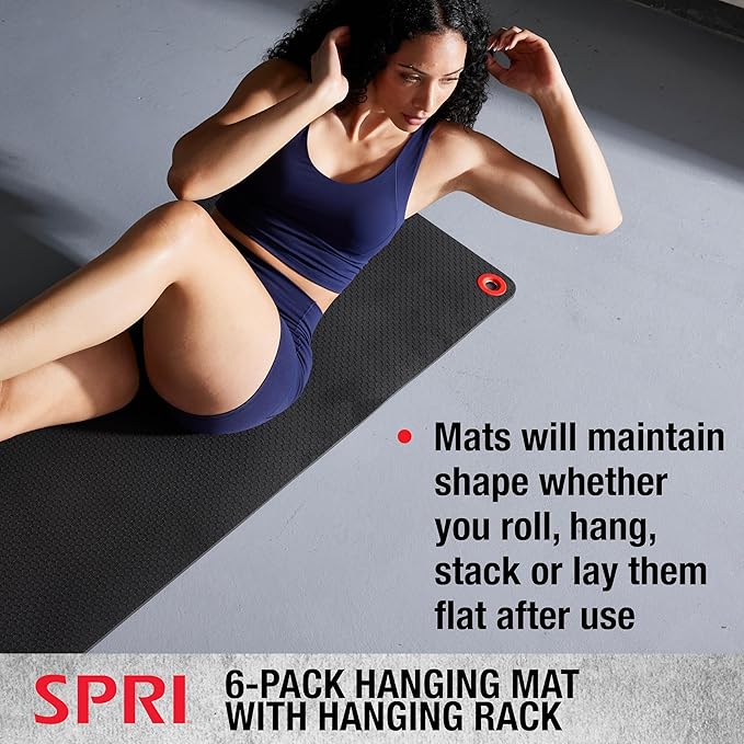 SPRI Hanging Bulk Fitness Mats + Rack, 15mm, 56” x 23" Black, 6 Pack, Closed-Cell Foam Bulk Yoga Mats for Gyms, Dance Studios, Ballet, Low-Impact Training & Commercial Spaces, Reinforced Grommets - Bloomnest