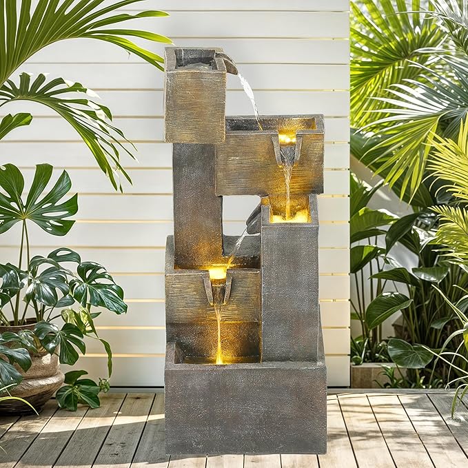 32.5" Modern Outdoor Water Fountain with LED Lights, 5-Tier Stacked Blocks Garden Fountain Cascading Waterfall Feature for Relaxing Garden, Patio, Backyard, Deck, Porch or Home Décor - Bloomnest