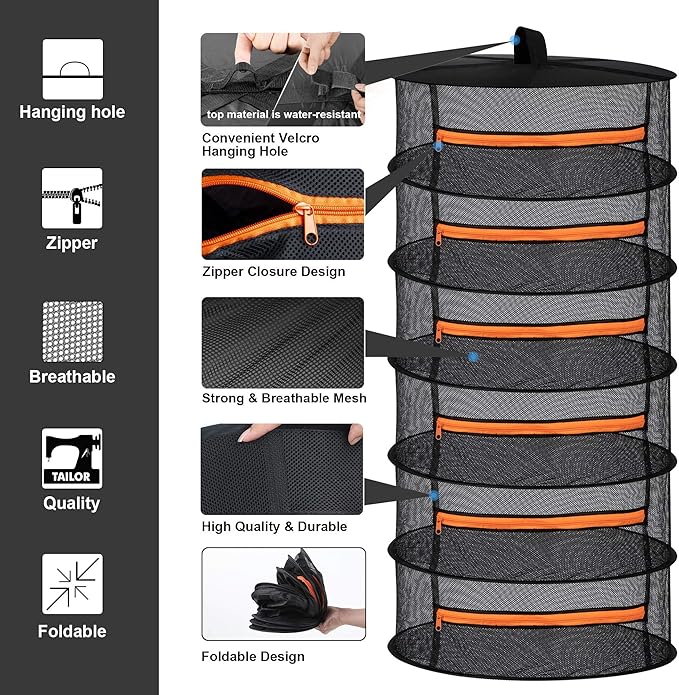 Desy & Feeci Herb Drying Rack-2ft Diameter 6 Layer Folding Mesh Hanging Basket Dryer Net with Zippers for Seeds Flowers Buds Plants Garden Outdoor Bumper Harvest(D24xH47 inch) - Bloomnest