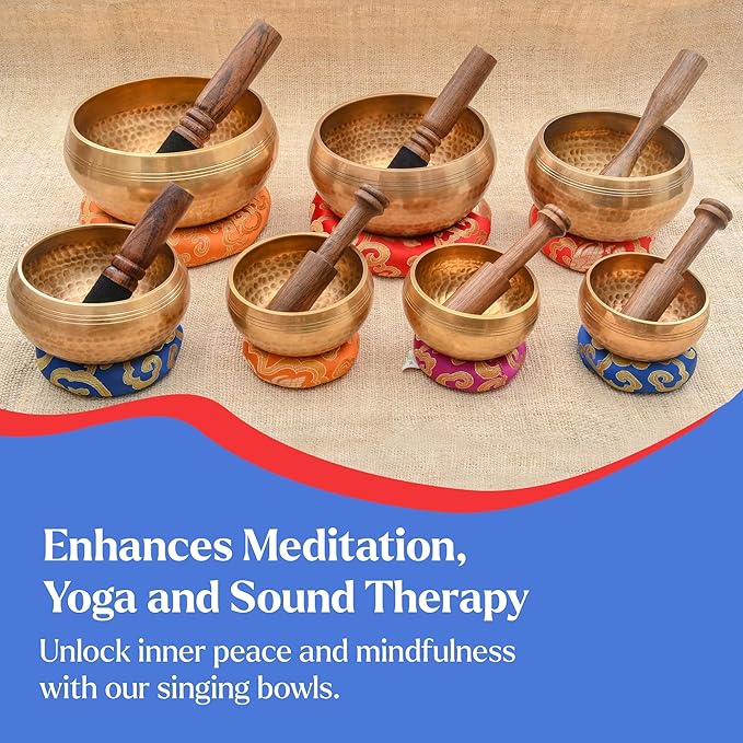 Tibetan Singing Bowl Set-Authentic Cuencos Tibetanos for Sound Healing, Meditation & Chakra Balancing - Includes Cushion, Mallet-Unique Spiritual Gifts for Women and Men (7 Chakra Bowl Set) LNYSI