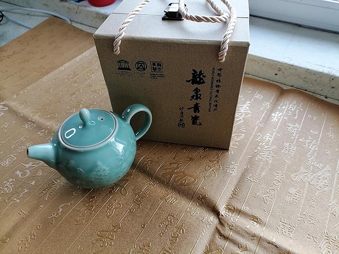 Handcrafted Longquan Celadon Teapot 240ml - Chinese Ceramic Kung Fu Teapot with Jade Glaze Landscape Art, Ideal for Oolong & Pu'er Tea