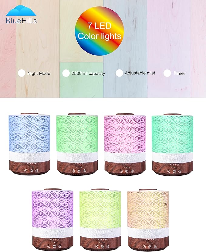 BlueHills 2500 ML XL Essential Oil Diffuser for Large Room Aroma Humidifier Home Decor Bed Baby Room Big Huge 2.5 L Capacity Long Run Color Lights Decorative Design High Mist Dark Wood Grain F004 - Bloomnest