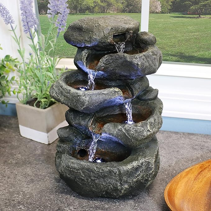 Sunnydaze Tabletop Water Fountain - Stacked Rocks 10.5 Inch Relaxing Desktop Water Fountain with LED Lights - Office, Bedroom, Living Room - Bloomnest
