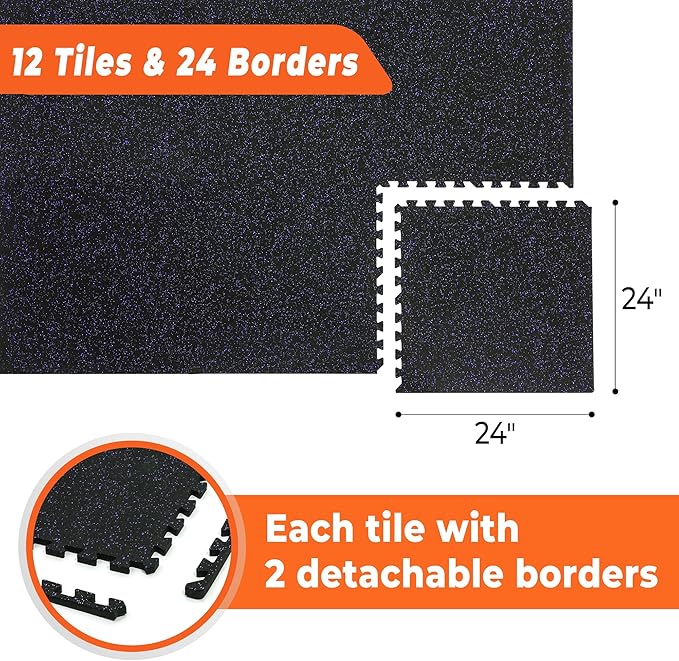 SUPERJARE 0.4'' Thick 12 Pcs 48 Sq Ft Rubber Top Exercise Equipment Mats, High Density EVA Foam Mats with Rubber Top, Interlocking Gym Flooring for Home Gym, Protective Workout Mat, Black/Purple - Bloomnest