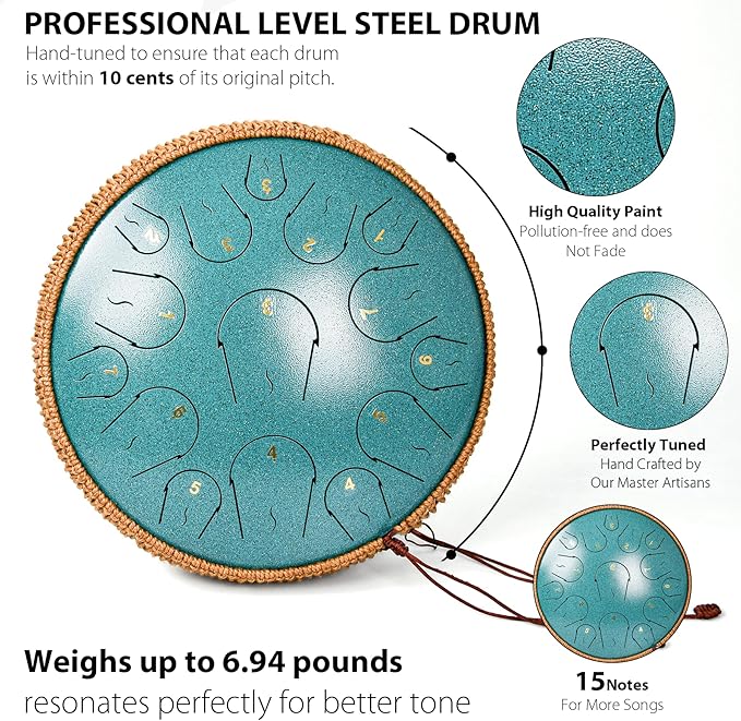 Steel Tongue Drum - 14 Inch 15 Note Tongue Drum - Hand Pan Drum with Music Book, Handpan Mallets and Carry Bag, C Major, Malachite Green - Bloomnest