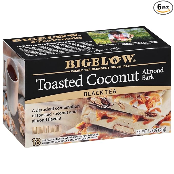 Bigelow Tea Toasted Coconut Almond Bark Black Tea, Caffeinated Tea with Coconut and Almond, 18 Count Box (Pack of 6), 108 Total Tea Bags - Bloomnest