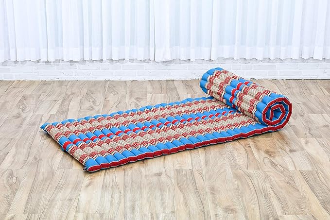 Leewadee - Foldable Floor Mattress - Japanese Roll Up Futon -Trifold Tatami Mat- Guest Floor Bed - Camping Mattress - Thai Massage Mat, Kapok Filled, 75 x 28 inches, Blue Red - Bloomnest