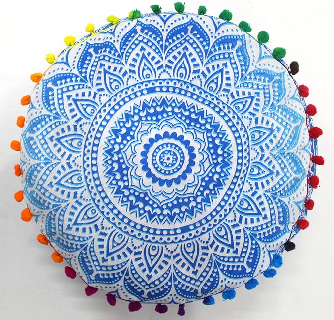 INDIAN CRAFT CASTLE ICC Mandala Barmeri Large Floor Pillow Cover Cushion Meditation Seating Ottoman Throw Cover Hippie Decorative Zipped Bohemian Pouf Ottoman Cases Blue Ombre 16" Round - Bloomnest
