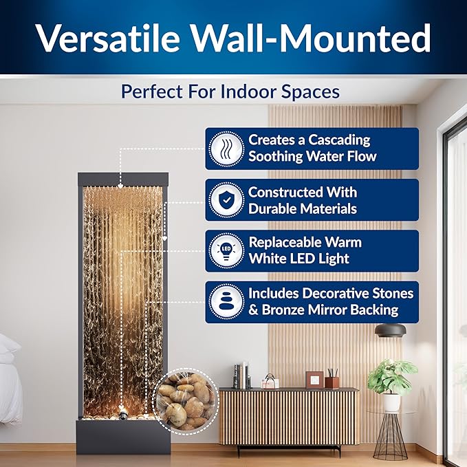 Alpine Corporation | 72"H Indoor/Outdoor Mirror Waterfall Floor Fountain — LED Lights & River Stones — Elegant Bronze Finish for Home, Office, Patio & Entryway Décor - Bloomnest