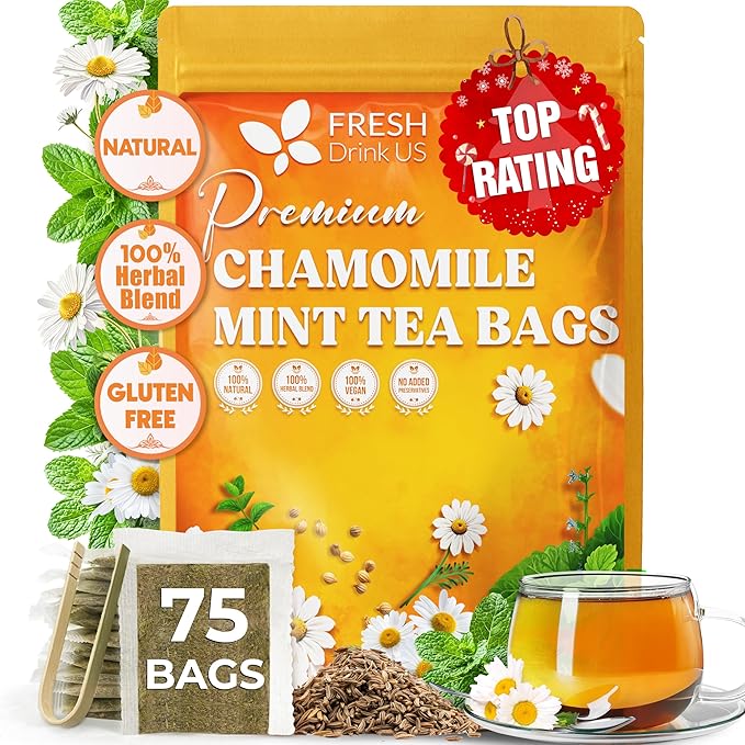 FreshDrinkUS, Chamomile Mint Tea Bags | 75 Count | Refreshing Herbal Blend of Chamomile Flower, Peppermint, Lemon Balm & other herbs – Smooth Floral & Minty Flavor – Premium Quality, Caffeine-Free - Bloomnest