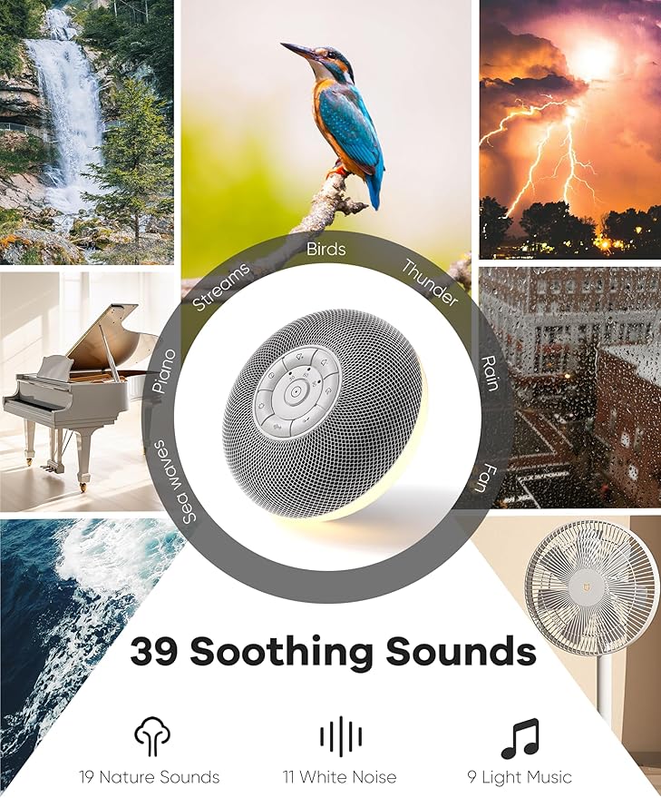 Portable Sound Machine, Long Battery with Loud Bluetooth Speaker, 39 Special Soothing Sounds, White Noise Sound Machine for Sleeping