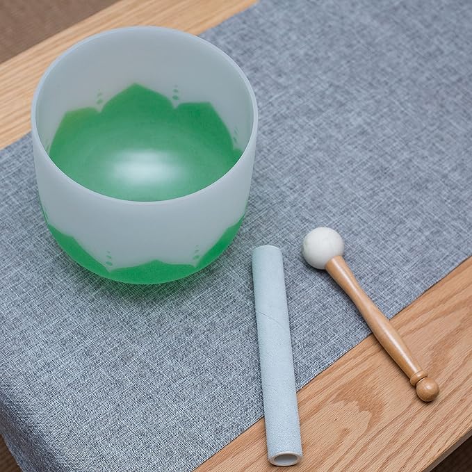 Leize Lotus Design Quartz Crystal Singing Bowl F Note 432 hz Heart Chakra White 10" with Heavy Duty Carrying Case Suede Striker