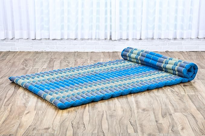 Leewadee - Foldable Floor Mattress - Japanese Roll Up Futon -Trifold Tatami Mat- Guest Floor Bed - Camping Mattress - Thai Massage Mat, Kapok Filled, 75 x 39 inches, Light Blue - Bloomnest