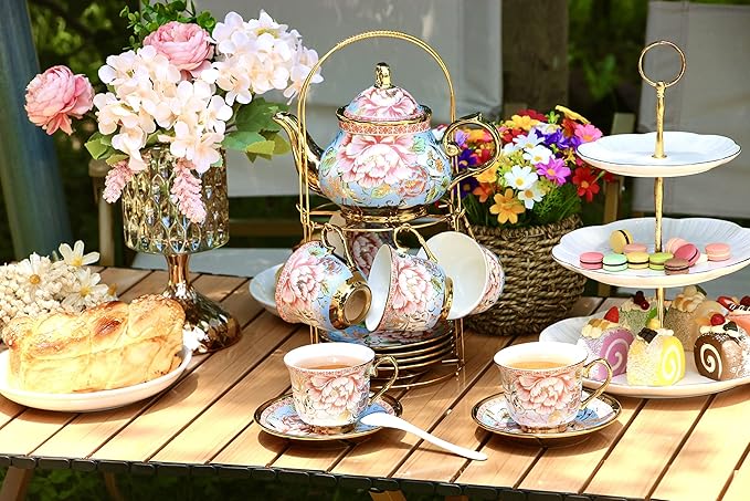 20 Pieces Porcelain Tea Set With Metal Holder, European Ceramic tea set for adults,Flower Tea Set,Tea Set For Women With Flower Painting(Large version, Light Blue)) - Bloomnest