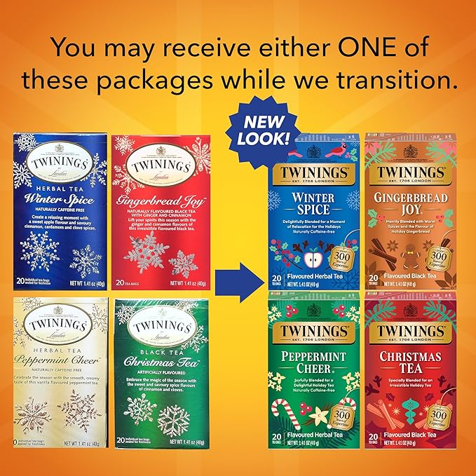 Twinings Holiday Variety Pack Tea Bags, Christmas Tea, Winter Spice, Gingerbread Joy, Peppermint Cheer, 20 Count (Pack of 4), Enjoy Hot or Iced, 80 Teabags - Bloomnest