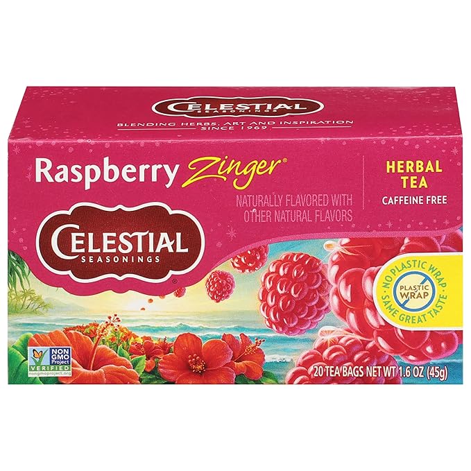 Celestial Seasonings Raspberry Zinger Herbal Tea, Caffeine Free, 20 Tea Bags Box - Bloomnest
