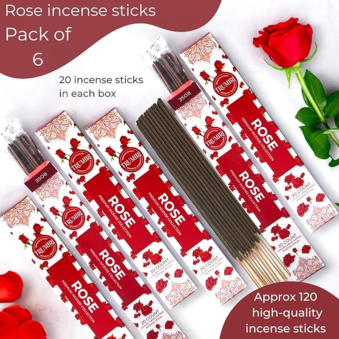Rose Incense Sticks - Incienso de Rosas - Total 120 Insence-Sticks - 6 Packs of 20 Insense - Inciensos - Inscents - Natural Non Toxic Ingredients - Incents - Incence - Inscense - Insents TRUMIRI