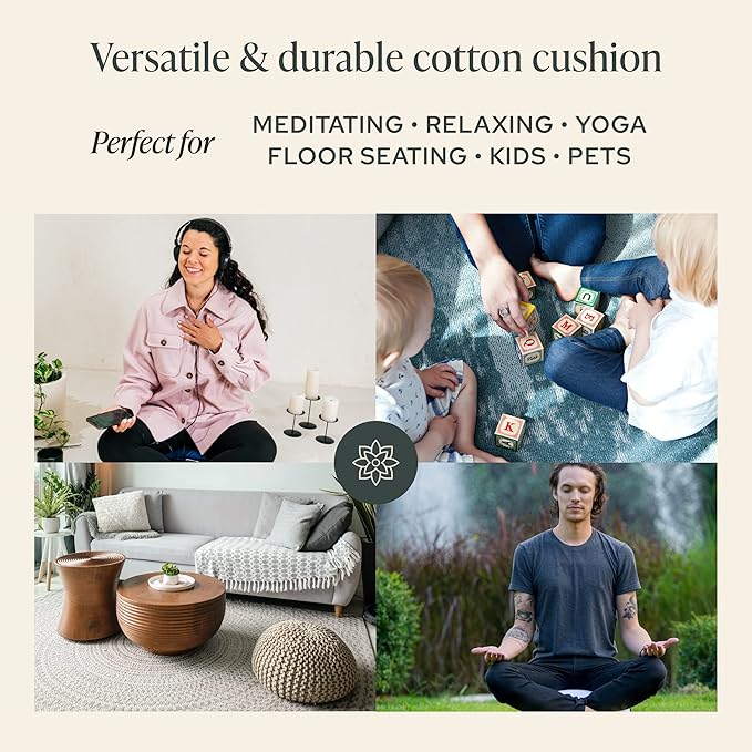 Mindful & Modern Large Meditation Cushion | Zafu Yoga Bolster Meditation Floor Pillow Seat | Buckwheat Hull Filled Crescent Shaped Cushion with Removable Washable Cover + Carry Handle - Bloomnest