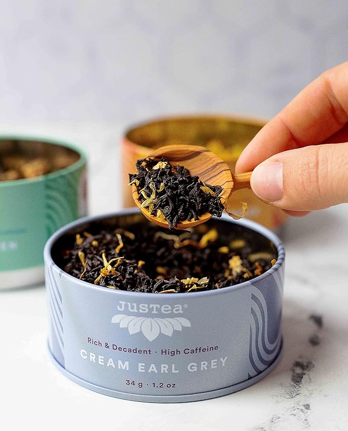 JusTea Assorted Tea Trio | Stacking Tins Variety Pack with Hand Carved Spoon | Loose Leaf Tea | Variable Caffeine | Award-Winning | Fair Trade | Non-GMO - Bloomnest