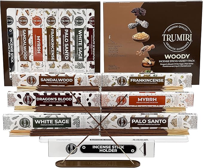 Woody Incense Sticks Variety Pack - 120 Insence-Sticks (6 Incents x 20 Insense) - White Sage Palo Santo Dragons Blood Sandalwood - Natural Inscents-Sticks Non Toxic Cleansing Incienso + Burner Holder - Bloomnest