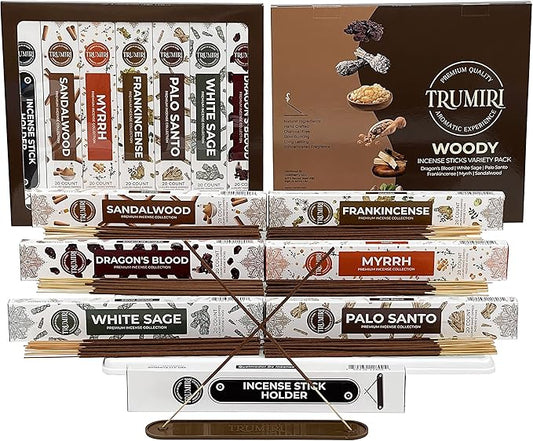 Woody Incense Sticks Variety Pack - 120 Insence-Sticks (6 Incents x 20 Insense) - White Sage Palo Santo Dragons Blood Sandalwood - Natural Inscents-Sticks Non Toxic Cleansing Incienso + Burner Holder - Bloomnest