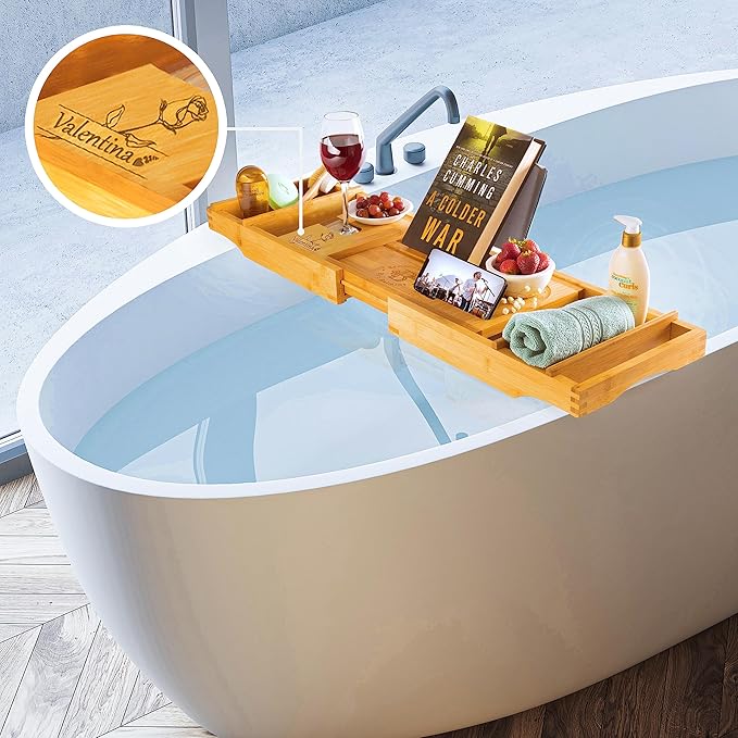 Personalized Bathtub Tray - Engraved Foldable Bamboo Bath Caddy, Tub Tray with Expandable Sides, Luxury Wooden Bath Table for Relaxation Spa - Customized Gift for Mom, Wife, New Home - Bloomnest