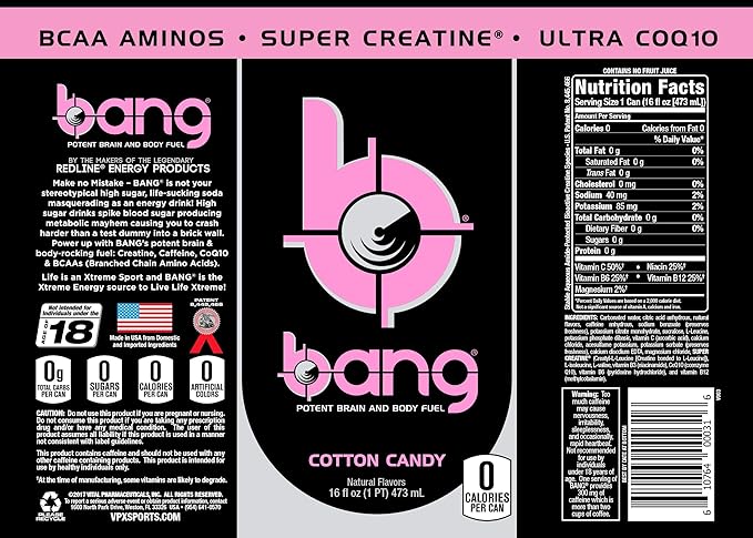 Bang Energy Cotton Candy, Sugar-Free Energy Drink, 16-Ounce (Pack of 12) - Bloomnest