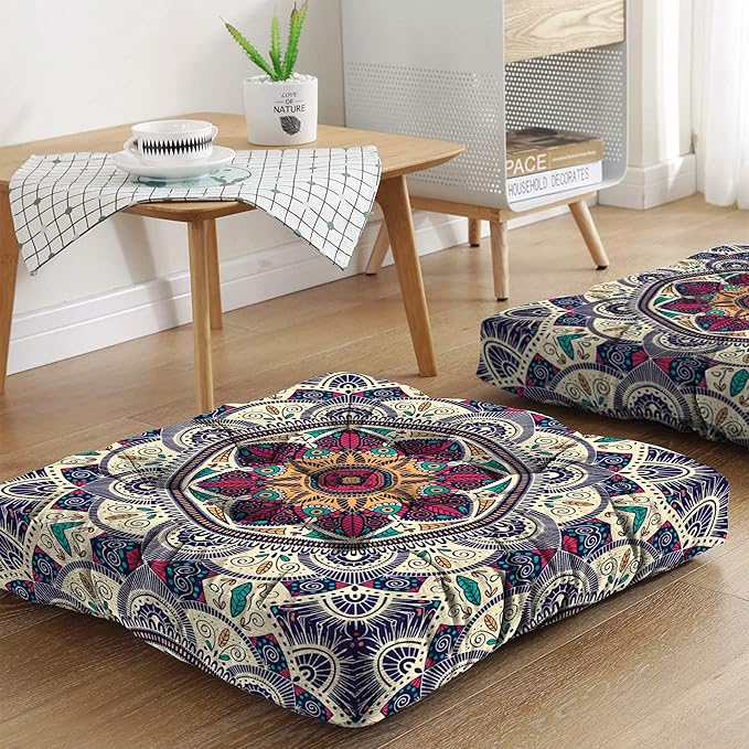 Mandala Meditation Cushion, Boho Meditation Mat, Meditation Pillows for Sitting on Floor, Cushions for Sitting in Home and Outdoor, Square Floor Pillows Cushion Seating for Yoga 22'' x 22'' - Bloomnest