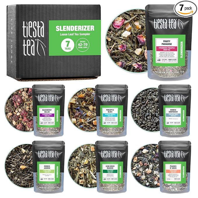 Tiesta Tea - 7 Green Teas Dry Flight Sampler, Loose Leaf, Medium Caffeine Hot & Iced Tea, Premium Green Tea Blends, 7 Resealable Sample Pouches - Bloomnest