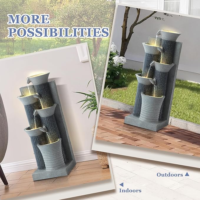 Grepatio Outdoor 5-Tiers Cascading Water Fountain, Garden Waterfalls Fountain with LED Lights, 24" H Modern Indoor Floor Standing Water Fountains with Pump for Patio, Yard, Deck Decor (Greyish Black) - Bloomnest