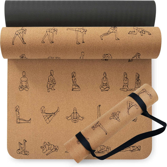 Premium Cork Yoga Mat 1/4 & 2/5 Inch Thick 72 x 26 in, Thick Cork and TPE Non Slip Yoga Mats for Women Men, Sweat Proof Eco-friendly, Great for Hot Yoga & Workouts