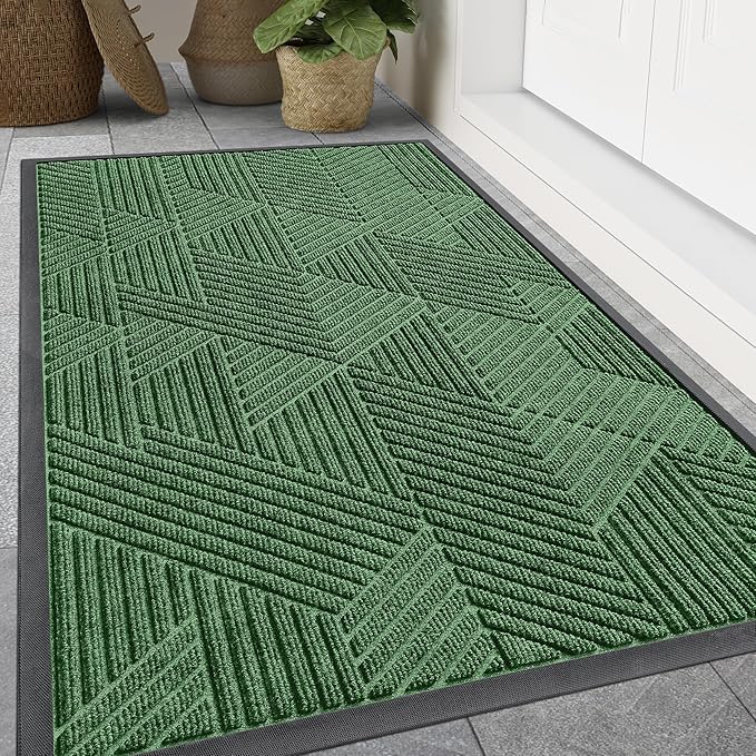 Smiry Front Door Mat Outside Entrance, Heavy Duty Sturdy Natural Rubber Doormat, Trap Dirt and Moisture, Easy Clean Low Profile Mats for Indoor Outdoor Entry, Irregular Triangle (47x24, Green) - Bloomnest
