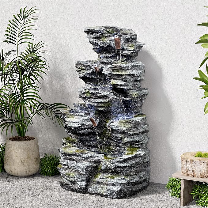 34.3" H Outdoor Water Fountain with LED Lights, 5-Tier Cascading Rock Waterfall for Yard, Garden, Patio, Outdoor Decor Water Features - Bloomnest