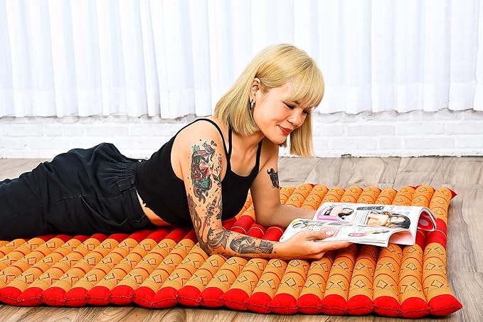 Leewadee - Kapok Roll Mat – Handcrafted Folding Sleep & Relaxation Mattress from Thailand, Ideal as Guest Bed, Camping Mat, Yoga Mat or Traditional Futon, 75 x 39 inches, Orange Red - Bloomnest