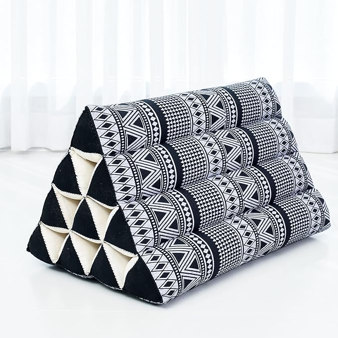 Leewadee Thai Triangle Cushion – Comfortable Backrest for TV or Reading, Wedge Pillow - Eco-Friendly Natural Kapok Filling, 20 x 13 x 13 inches, Black White - Bloomnest