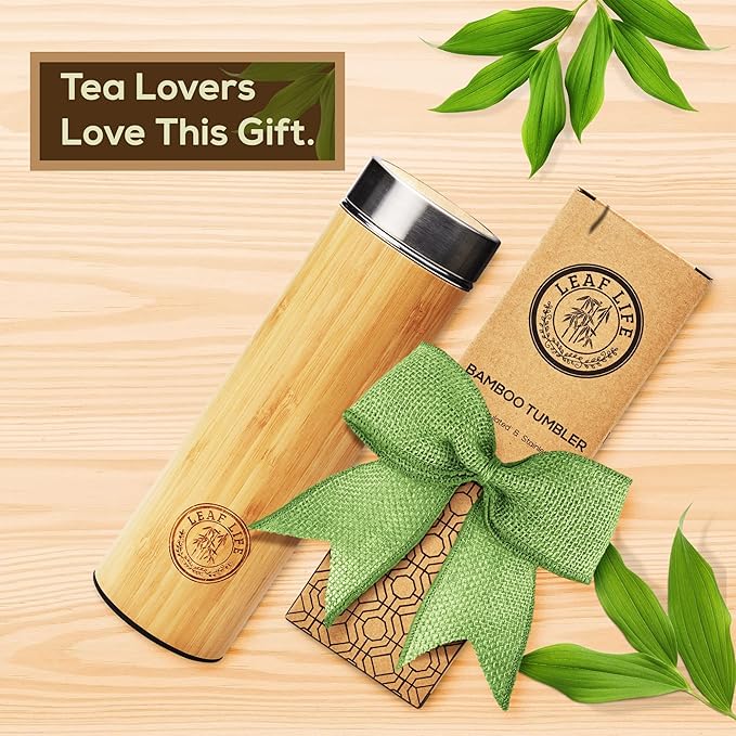 LeafLife Premium Bamboo Tea Bottle for Loose Tea - Tea Infuser Bottle - Tea Gifts - Insulated Water Bottle/Coffee Tumbler/Tea - Tea Gift Set, Tea Accessories - Tea Tumbler 17oz