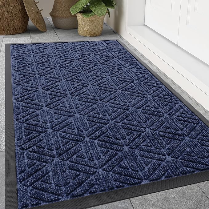 Smiry Front Door Mat Outside Entrance, Heavy Duty Sturdy Natural Rubber Doormat, Trap Dirt and Moisture, Easy Clean Low Profile Mats for Indoor Outdoor Entry, Grid Geometric (59x35, Navy Blue) - Bloomnest